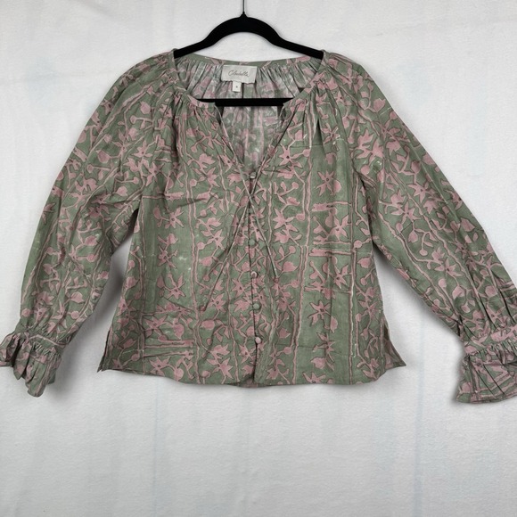 CLEOBELLA Whitley Ruffle Sleeve Button Front Split V-neck Tie Boho Blouse Small - Picture 1 of 13